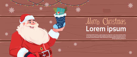 Merry Christmas And Happy New Year Greeting Card With Santa Claus Holding Present Sock Winter Holidays Banner Concept Flat Vector Illustrationのイラスト素材