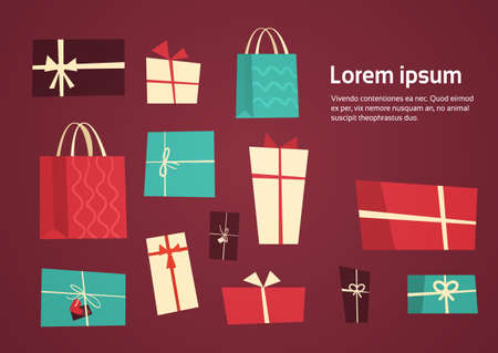 Different Gift Boxes Collection Presents Package With Ribbons Set Holiday Concept Flat Vector Illustrationのイラスト素材