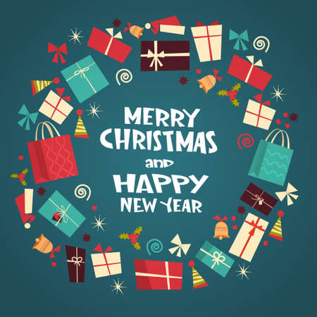 Merry Christmas And Happy New Year Greeting Card With Different Gift Boxes Winter Holiday Presents Concept Flat Vector Illustrationのイラスト素材