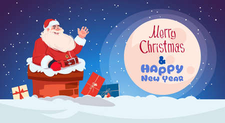 Merry Christmas And Happy New Year Greeting Card With Santa Claus Chimney Winter Holidays Banner Concept Flat Vector Illustrationのイラスト素材