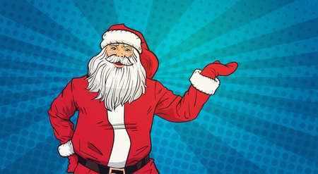 Santa Claus Hold Open Palm To Copy Space Pop Art Style Happy New Year And Merry Christmas Holiday Concept Flat Vector Illustrationのイラスト素材