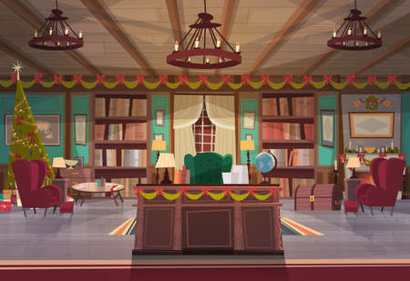 Home Interior Decorated For Christmas And New Year Holidays, Empty Workplace Office Desk And Armchair With Garlands Pine Tree House Decoration Concept Flat Vector Illustrationのイラスト素材