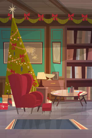 Empty Armchair Near Decorated Pine Tree , Home Interior Decoration For Christmas And New Year Holidays Concept Flat Vector Illustrationのイラスト素材