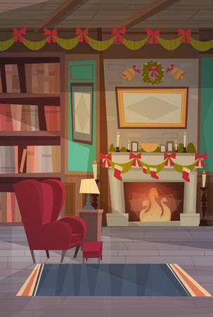 Empty Armchair Near Decorated Fireplace , Home Interior Decoration For Christmas And New Year Holidays Concept Flat Vector Illustrationのイラスト素材
