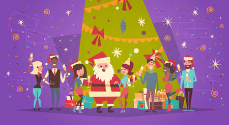 Merry Christmas And Happy New Year Greeting Card With Santa Claus And Group Of People Over Holiday Pine Tree Flat Vector Illustrationのイラスト素材