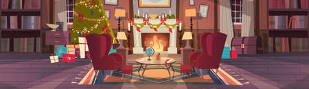 Living Room Decorated For Christmas And New Year, Empty Armchairs Near Pine Tree And Fireplace, Home Interior Decoration Winter Holidays Concept Flat Vector Illustrationのイラスト素材