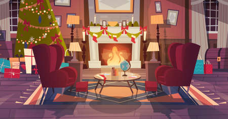 Living Room Decorated For Christmas And New Year, Empty Armchairs Near Pine Tree And Fireplace, Home Interior Decoration Winter Holidays Concept Flat Vector Illustrationのイラスト素材