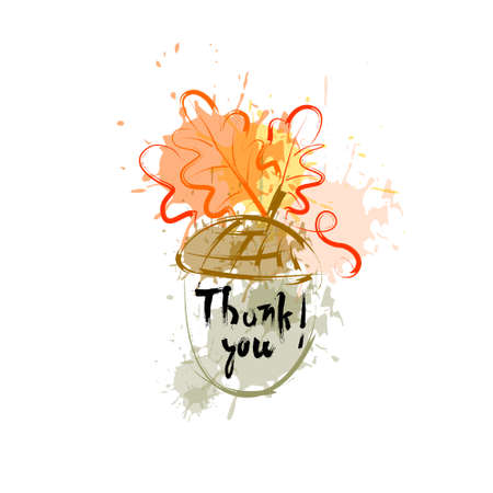 Thank You, Happy Thanksgiving Day; Autumn Traditional Holiday Greeting Card, Flat Style Illustrationのイラスト素材