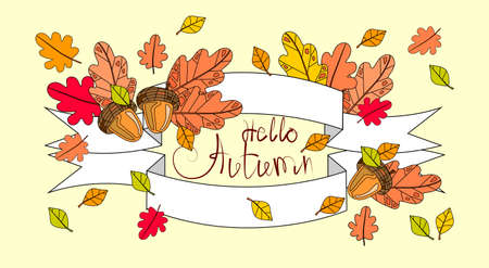 Hello Autumn, Season Banner With Hand Draw Lettering Fall Greeting Card Illustrationのイラスト素材