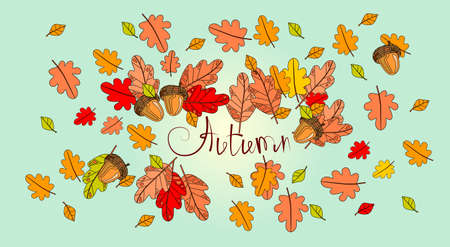 Hello Autumn Season Banner With Hand Draw Lettering and Falling Leaves Design Greeting Card Illustrationのイラスト素材