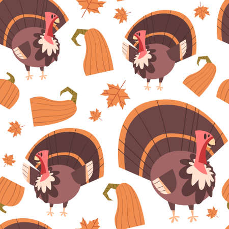 Happy Thanksgiving Day Concept, Traditional Holiday Ornament With Turkey Flat Vector Illustrationのイラスト素材