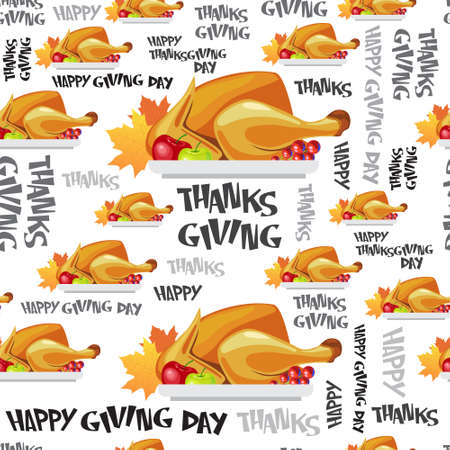 Happy Thanksgiving Day Seamless Pattern With Roasted Turkey Flat Vector Illustrationのイラスト素材