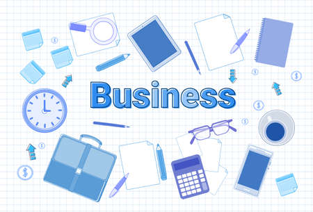 Business Office Stuff Set On Squared Notebook Paper Background Businessperson Workplace Concept Vector Illustrationのイラスト素材