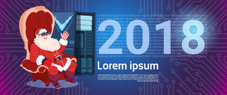 Santa Claus Wear Digital Glasses Virtual Reality Concept Merry Christmas And Happy New Year Greeting Card Flat Vector Illustrationのイラスト素材