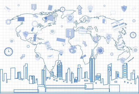 Social Media Communication Internet Network Connection Over City Skyscraper View Cityscape And World Map Squared Background Vector Illustrationのイラスト素材