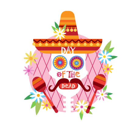 Skull Design; Day Of Dead Traditional Mexican Halloween Holiday Party Decoration Banner, Invitation, in Flat Illustrationのイラスト素材