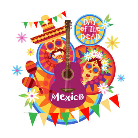 Skull day of dead concept. Traditional Mexican Halloween holiday party decoration banner invitation vector illustration.のイラスト素材