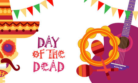 Skull day of dead concept. Traditional Mexican Halloween holiday party decoration banner invitation vector illustration.のイラスト素材