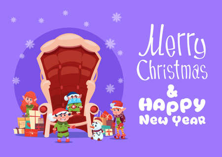 Merry Christmas And Happy New Year Greeting Card With Santa Claus Sitting In Armchair Winter Holiday Banner Flat Vector Illustration.のイラスト素材