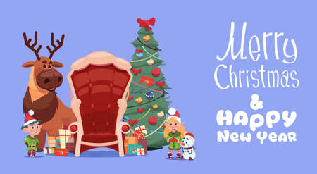 Merry Christmas And Happy New Year Greeting Card With Santa Claus Sitting In Armchair Winter Holiday Banner Flat Vector Illustrationのイラスト素材