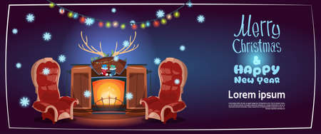 Christmas And New Year Greeting Card, Fireplace Concept Winter Holiday Banner Illustration.のイラスト素材