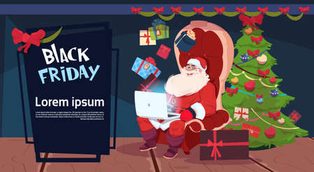 Black Friday Christmas And Happy New Year Promotion Banner Seasonal Holiday Discount Label With Sants Using Laptop Flat Vector Illustrationのイラスト素材