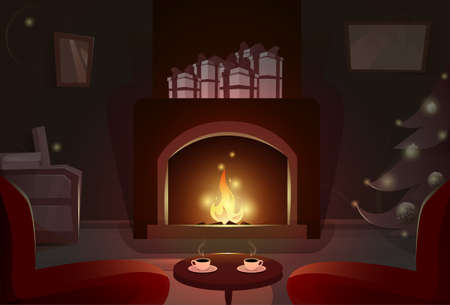 Fireplace With Empty Chairs, Merry Christmas And Happy New Year Winter Holiday Concept Banner Flat Vector Illustrationのイラスト素材