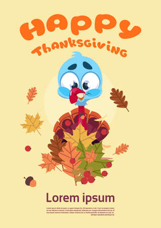 Happy Thanksgiving Day Autumn Traditional Harvest Holiday Greeting Card With Turkey Flat Vector Illustrationのイラスト素材