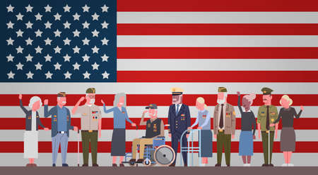 Veterans Day Celebration National American Holiday Banner With Group Of Retired Military People Over Usa Flag Background Vector Illustrationのイラスト素材