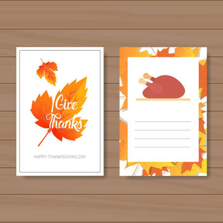 Happy Thanksgiving Day  Autumn Traditional Harvest Holiday Greeting Card On Wooden Background Flat Vector Illustrationのイラスト素材