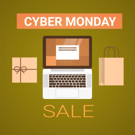 Cyber Monday Sale Poster With Laptop Computer And Shopping Bags Angle View Holiday Discount Banner Design Vector Illustrationのイラスト素材