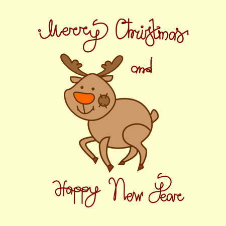 Merry Christmas And Happy New Year Greeting Card With Cute Reindeer Hand Drawn Lettering Background Vector Illustrationのイラスト素材