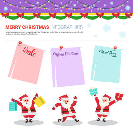 Merry Christmas Infographic Elements With Santa Holding Shopping Bags, Sale Text On Stickers Holiday Shopping Discounts Concept Flat Vector Illustrationのイラスト素材