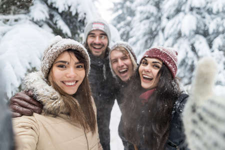 Friends Taking Selfie Photo Smile Snow Forest Young People Group Outdoor Winter Pine Woods