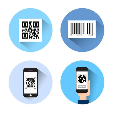 Set Of Icons With Bar Qr Code Scanning Smart Phones Isolated On White Background Vector Illustration