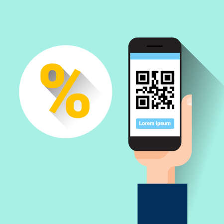 Hand Hold Smart Phone Scanning Qr Code With Percent Message Shopping Sale Concept Vector...