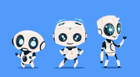 Group Of Modern Robots Isolated On Blue Background Cute Cartoon Character Artificial Intelligence...