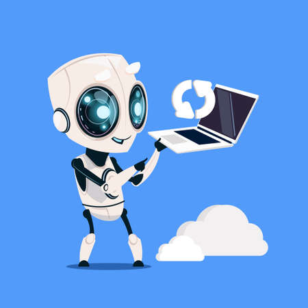 Modern Robot Hold Laptop Computer Updating On Blue Background Cute Cartoon Character Artificial Intelligence Concept Flat Vector Illustrationのイラスト素材
