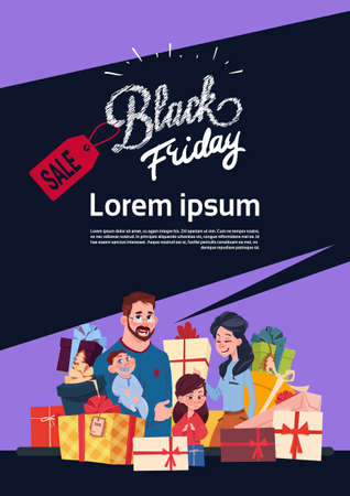 Black Friday Sale Poster With Happy Family Over Gift Boxes Stack, Holiday Shopping Discounts Banner With Copy Space Design Vector Illustrationのイラスト素材
