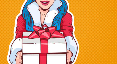 Beautiful Girl Wear Santa Costume Hold Gift Box, Merry Christmas And Happy New Year Concept Retro Pop Art Style Vector Illustrationのイラスト素材