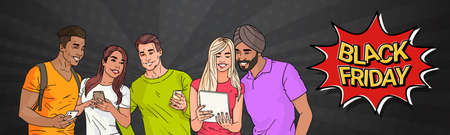 Black Friday Sale Poster Pop Art Design With Group Of Mix Race People Using Modern Gadgets...