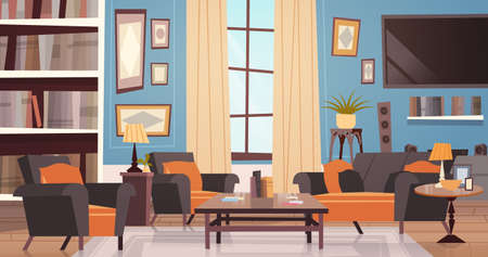 Cozy Living Room Interior Design With Modern Furniture, Window, Sofa, Table Armchairs, Bookcase And Tv Flat Vector Illustrationのイラスト素材