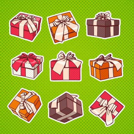Set Of Colorful Gift Box Pop Art Retro Style Of Presents With Ribbon And Bow On DotsBackground Vector Illustrationのイラスト素材