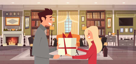 Man Giving Woman Present Box Over Living Room Background, Happy Couple Celebrate Holiday At Home Vector Illustrationのイラスト素材