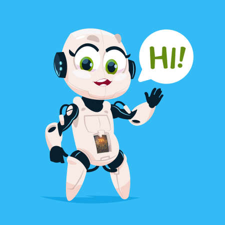 Cute Robot Girl Say Hi Isolated Icon On Blue Background Modern Technology Artificial Intelligence Concept Flat Vector Illustrationのイラスト素材
