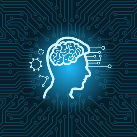 Human head with digital brain icon on blue circuit motherboard background, vector illustration.
