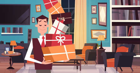 Man Holding Pile Of Gift Boxes Walking Through Living Room At Home Holiday Presents Concept Flat Vector Illustrationのイラスト素材