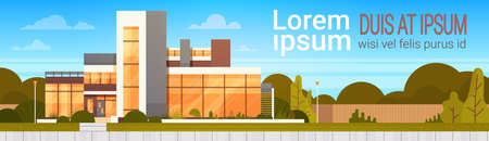 Modern House Exterior Luxury Villa Building Horizontal Banner with Copy Space Flat Vector Illustrationのイラスト素材