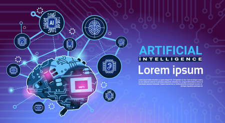 Artificial Intelligence Banner With Cyber Brain Cog Wheel And Gears Over Motherboard Background With Copy Space Flat Vector Illustrationのイラスト素材