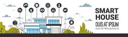 Smart house infographics icons set. Modern home control system interface technology. Horizontal banner illustration.のイラスト素材